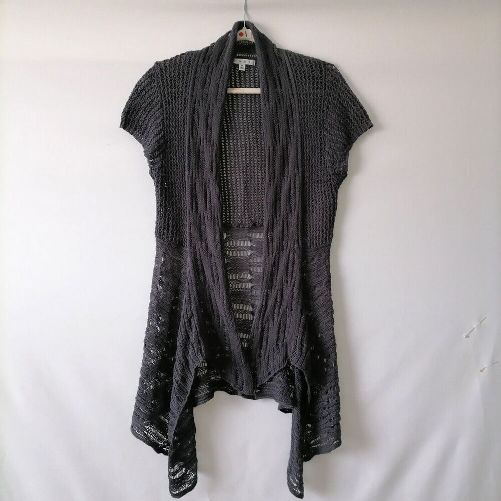 Cabi 286 Women's Gray Crochet Linen Blend Open Front Cardigan Sweater Size M